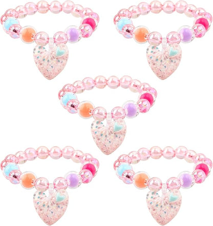 5Pcs Bracelets for Girls Kids, Cute Stretchy Bead Bracelets with Floral Bow pendant Little Girl Friendship Bracelets Costume Jewelry Princess Party Favors for Halloween, Christmas