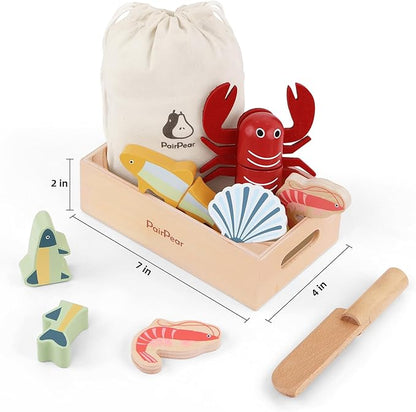 PairPear Wooden Play Food Cutting Seafood Set - Toddlers Wooden Toy Food Pretend Play Kitchen Accessories for 3 Years Old Boys Girls Early Education Toys Gift