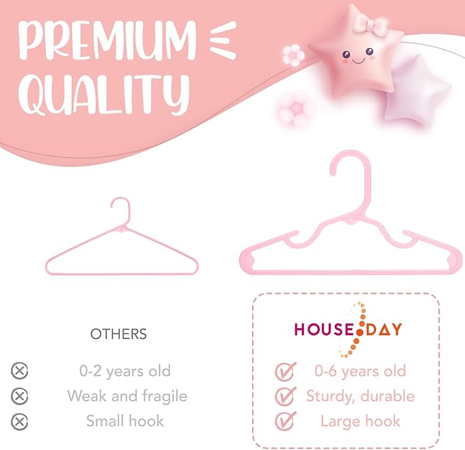 HOUSE DAY Plastic Baby Hangers for Closet 20 Pack, Durable Plastic Kids Hangers for Baby Clothes, Thin & Compact Childrens Hangers, Space Saving Pink Baby Hangers, Small Hangers for Kids Clothes