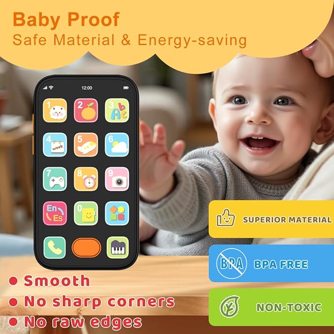 KALUYA Bilingual Baby Phone Toy Phone for Toddler 1-3, Fun Early Learning Musical Baby Toys for 6-12 Months with Sounds and Light, English/Spanish, Gift for 1 Year Old Boys Girls Kids Infant, Black