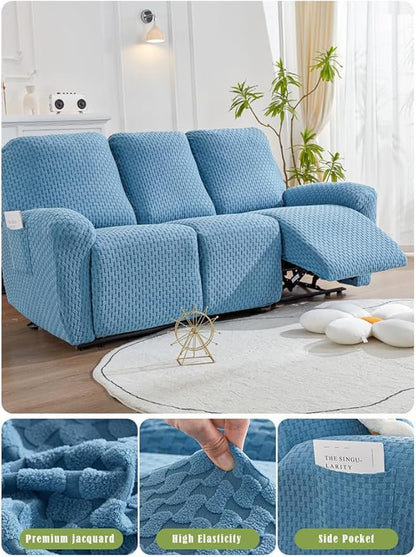 vctops 8 Pieces Jacquard Plush Recliner Sofa Covers Stretch Soft 3 Seats Couch Cover Anti-Slip Solid Color Sofa Slipcover Furniture Protector with Elastic Bottom for Kids Pet (Lake Blue,3 Seat)