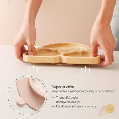 Bamboo Suction Plates Bowls Set for Baby Toddler Divided Platter Food bowl with Silicone Fork & Spoon All-Natural Baby Feeding Set for Baby-Led Weaning, Non-Slip Design