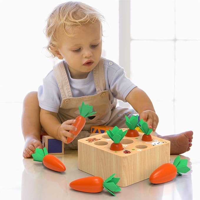 KMTJT Montessori Toys for Babies 6-12 Months, Carrot Harvest Game Wooden Toy for 1 2 3 Year Old Baby Boys and Girls, Educational Learning Shape Sorting Matching Gifts