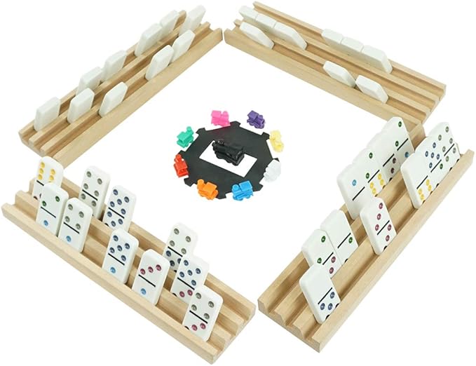 Mexican Train Dominoes Set - Double 12 Colored Dot Dominoes - Includes 91 Tiles with 9 Trains, 4 Wooden Trays and Storage Bag for 2-8 Players Ages 8+