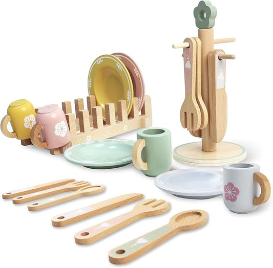 Play Dishes for Kids Kitchen, Wooden Play Kitchen Accessories, Play Plates and Cups for Kids Kitchen , Play Kitchen Dishes for Toddlers Boys and Girls 3 4 5 6