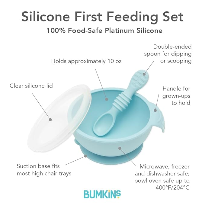 Bumkins Baby Bowl, Silicone Baby Feeding Set with Suction for Baby and Toddler, Includes Spoon and Lid, First Feeding Set, Essential for Baby Led Weaning for Babies 4 Months, Blue