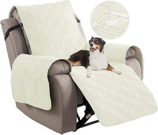 Easehomey 100% Waterproof Recliner Chair Covers, Non Slip Oversized Reclining Cover, Cover Furniture Protector Washable Chair Cover with Pocket,Elastic Straps for Kids,Pets,Dogs(Cream White,28")