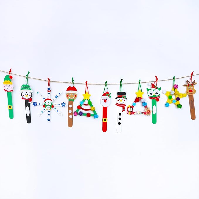 Winlyn 24 Sets Christmas Craft Kits Popsicle Stick Christmas Ornaments Winter Crafts DIY Craft Stick Santa Snowman Elf Reindeer Ornaments Art Sets for Kids Holiday Classroom Activities Party Favors