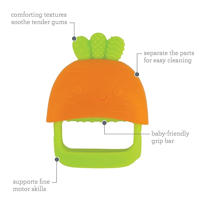 Infantino Handy Dandy Teething Mitt – Soft Silicone Teether for Babies, Develops Grasping Skills, Easy to Clean, Orange Carrot