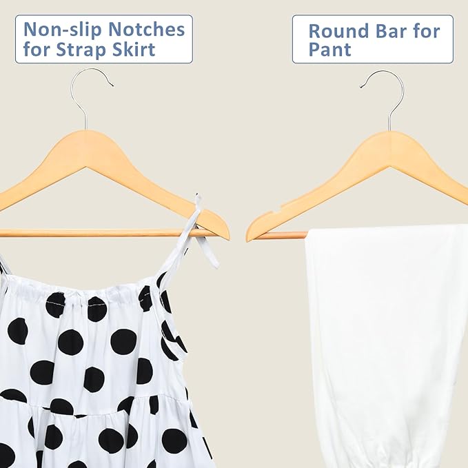 FairyHaus Kids Hangers 20 Pack 12.8 Inch, Natural Wooden Baby Hangers for Closet, Anti-Rust 360° Swivel Hook, Notches & Smooth Finish, Durable and Strong Childrens Hangers for Clothes