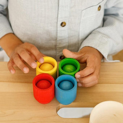 Ulanik Balls in Cups Starter Kit Toddler Montessori Toys for 1+ Year Old Kids Wooden Matching Game for Learning Color Sorting and Counting — 4 Balls, 1.18 in