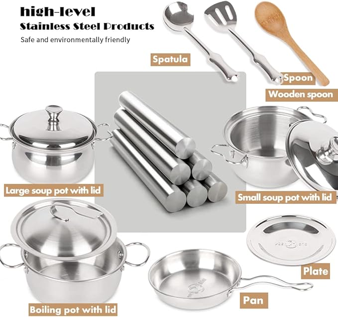Pretend Play Kitchen Cooking Toys with Stainless Steel Cookware Play Pots and Pans Set，Cooking Utensils Kitchen Play Accessories Toys Cooking Pots for Toddlers Boys Girls for Kids