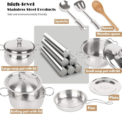 Pretend Play Kitchen Cooking Toys with Stainless Steel Cookware Play Pots and Pans Set，Cooking Utensils Kitchen Play Accessories Toys Cooking Pots for Toddlers Boys Girls for Kids