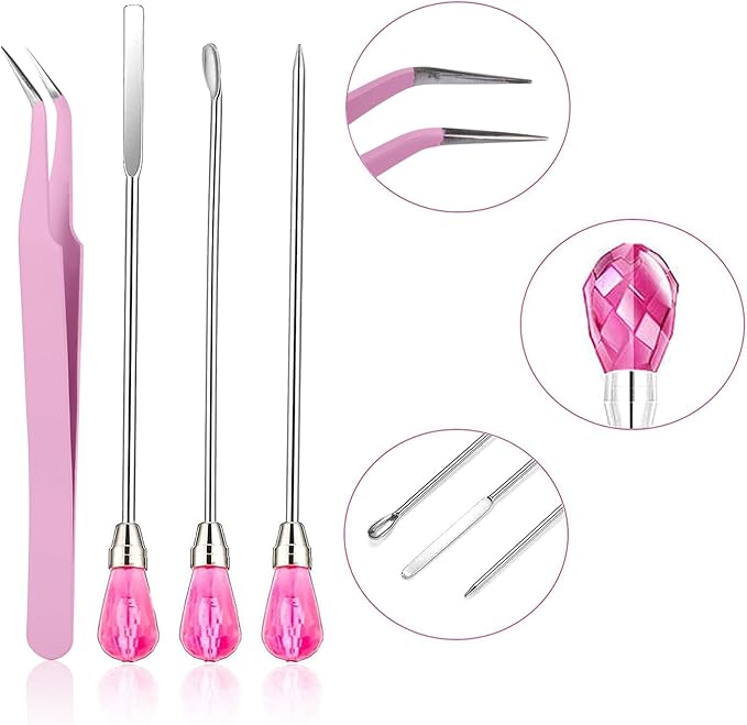 11 Pcs Silicone Resin Mold Tools Set Stirring Needle Spoon Tool Tweezers Precision Kit, Anti-Static Electronics Tweezers Set for Resin Art Crafts,Jewelry Making,DIY Epoxy Casting Molds-Rose Red & Pink