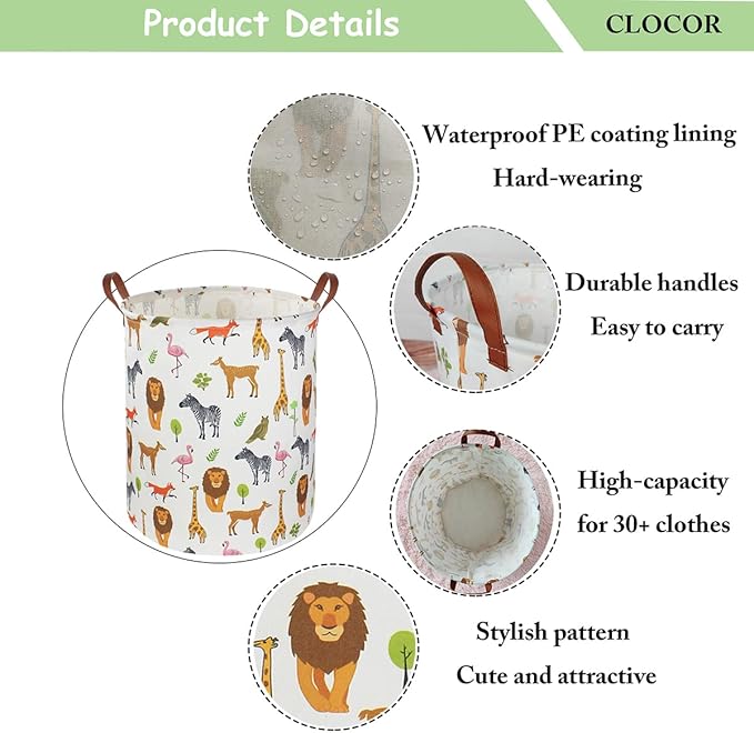 CLOCOR Kids Laundry Basket,Nursery Baby Hamper,Toy Storage Bin with handles for Boys and Girls,Safari Room Decor,Waterproof Storage Basket(Jungle Animals)