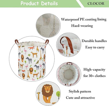 CLOCOR Kids Laundry Basket,Nursery Baby Hamper,Toy Storage Bin with handles for Boys and Girls,Safari Room Decor,Waterproof Storage Basket(Jungle Animals)