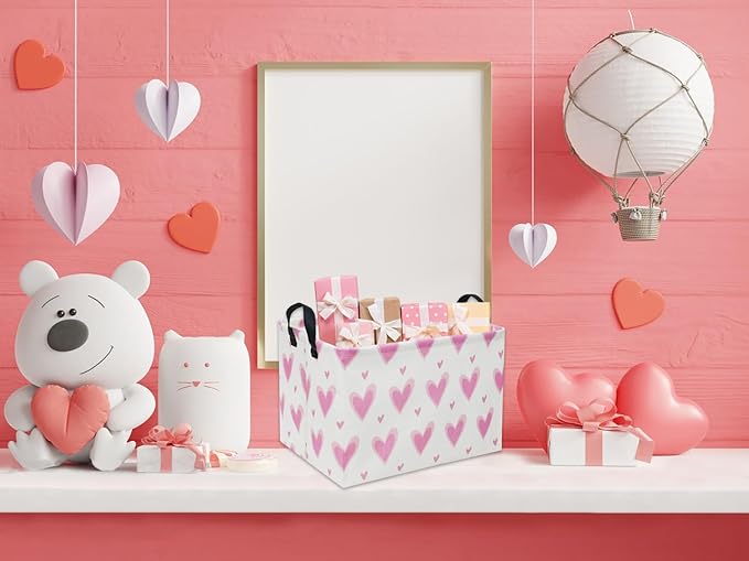 HIYAGON Rectangular Heart Pink Gift Basket Empty Kids Storage Bin Basket Organizer Box Heart Room Decor(Pink loves)