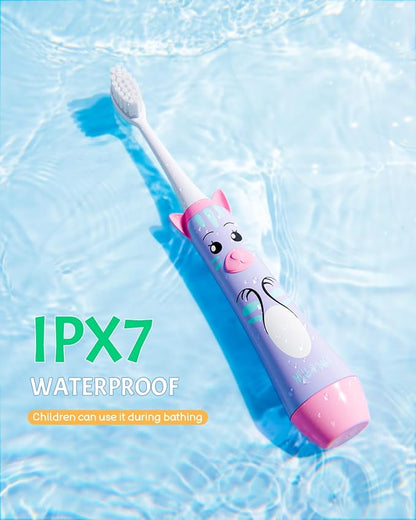 NELL&WELL Kids Electric Toothbrush, 2-Min Timer, 3 Modes with Memory, IPX 7 Waterproof, Battery Powered Kids Toothbrush with 3 Soft Bristles Heads for Children Boys and Girls Ages 3+