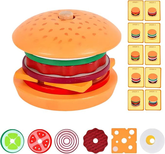 Montessori Toys for 3+ Year Old, Wooden Hamburger Stacking Food Toys for Toddlers 3 4 5, Preschool Learning Activities Fine Motor Toys, Kids Educational Gift for Boys Girls Birthday Christmas