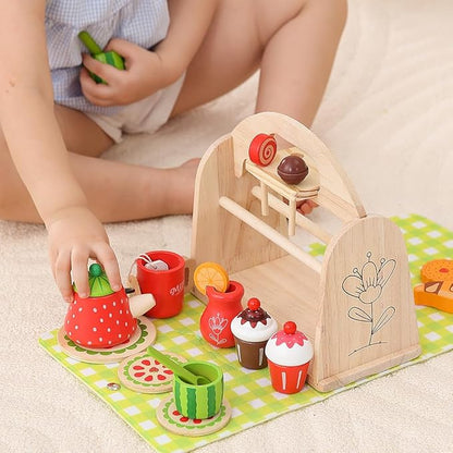JAUNTY Tea Party Set Toy for Little Toddler Girl 3 4 5 6 Years Old, Wooden Tea Set Pretend Role Play Kitchen Toy with Carrying Case, 3-5 Year Old Kids Girls Boys Birthday