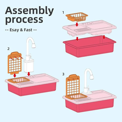 BOBXIN Play Sink with Running Water, Kids Pretend Play Kitchen Toy Sink for Girl, Role Play Electric Dishwasher Kitchen Water Toys Set with Upgraded Working Faucet and Dishes Playset for Boy Toddler