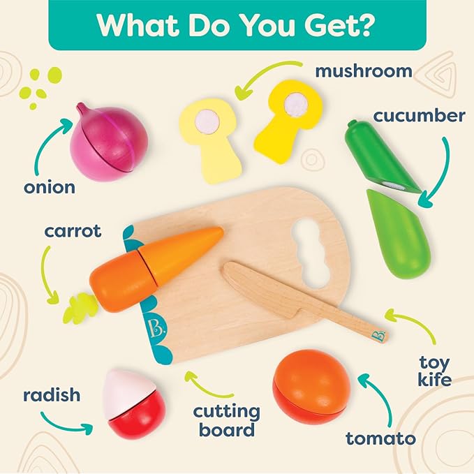 B. toys- Chop 'n' Play - Vegetables- Pretend Play Food Set – 6 Wooden Toy Vegetables to Cut – Hook-and-Loop Play Food for Toddlers, Kids – Safe Knife & Cutting Board – 2 Years +