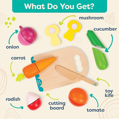 B. toys- Chop 'n' Play - Vegetables- Pretend Play Food Set – 6 Wooden Toy Vegetables to Cut – Hook-and-Loop Play Food for Toddlers, Kids – Safe Knife & Cutting Board – 2 Years +