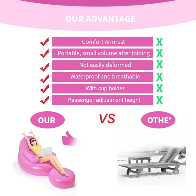 Nevife Inflatable Lounge Chair with Ottoman & Cup Holder, Portable Blow Up Sofa, Air Chaise Lounge,Lazy Couch for Camping,Gaming,Lunch Break,Garden,Party,Enjoy Sunbathing (Pump Not Incl.)-Pink