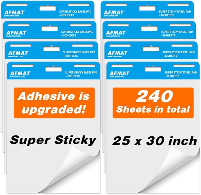 AFMAT Sticky Easel Pads, Chart Paper for Teachers, 8 Pads, Upgraded Large Flip Chart Paper with Sticky Back, Self Stick Easel Paper for Walls, Windows, White Board, 25 x 30 Inches, 30 Sheets/Pad