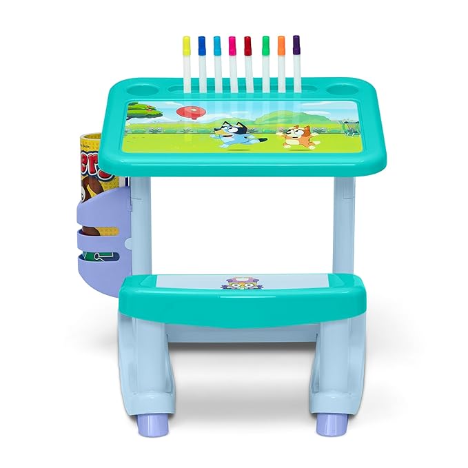 Bluey Draw and Play Desk by Delta Children – Includes 10 Markers and Coloring Book, Blue