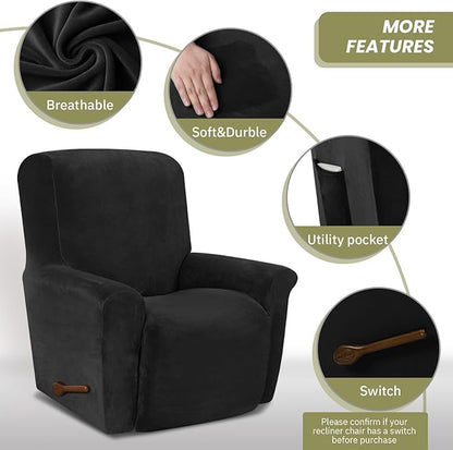 AZON Velvet Stretch Recliner Chair Cover,1-Piece Washable Recliner Couch Cover with Elastic Furniture Protector for Pets, Kids(Recliner, Black)