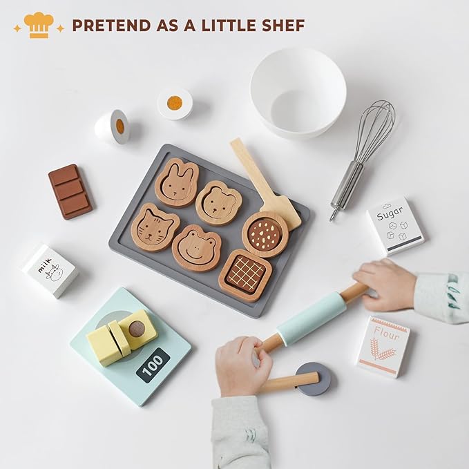 PairPear Wooden Toy Cookies and Baking Set,Kids 28 Pieces Play Food Toy Kitchen Playset,Pretend Play Kitchen Accessories Gift for Boys and Girls 3 Years and up