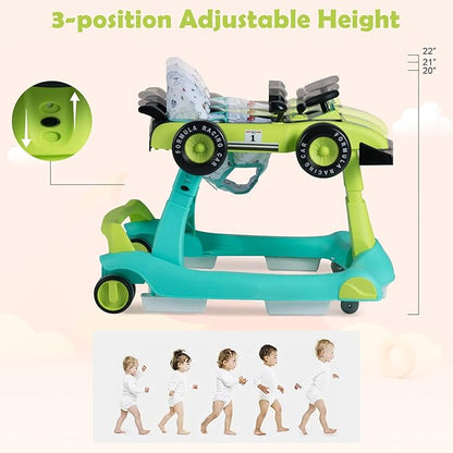 HONEY JOY 4-in-1 Baby Walker, Activity Push Walker w/3 Adjustable Heights, Smooth Wheels w/Adjustable Speed, Padded Seat, Music & Light, Foldable Car Walker for Baby Boys Girls Age 6 Months+ (Green)