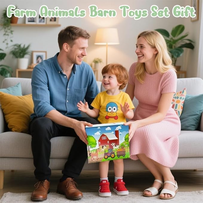 Kimicare Musical Red Barn Toy Farm Animal Finger Puppets for 3 4 5 Years Old, Animal Figures Playset with Farm Baby Book, Sensory Learning Toys Birthday Gifts for Kids Boys Girls