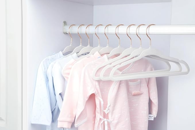 ManGotree Baby Velvet Hangers with 360° Swivel Rose Gold Hook, 10.95" Non-Slip Toddler Hangers, Ultra Thin Space Saving Infant Hangers for Kids Clothes, 15 Pack (White)