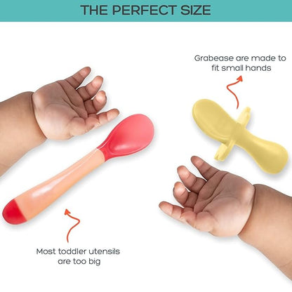 Grabease Baby Spoons & Fork Set - Toddler Self-Feeding Utensils for Baby - BPA-Free & Phthalate-Free Silicone Yellow Toddler Utensil - Feeding Spoon