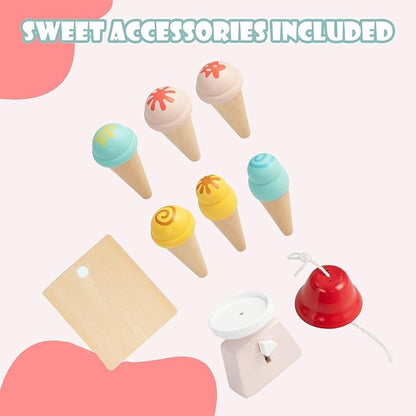 FUTADA Kids Grocery Store Prend Play Cart, Wooden Toy Shop with Ice Cream Toy, Scales, Bell, Chalkboards, Canopy, Wheels, Ice Cream Truck Toys for Kids, Gift for Boys Girls Ages 3+ (Red)