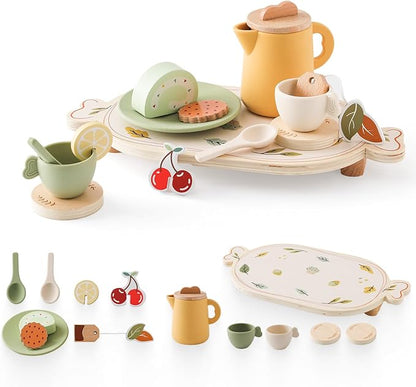 Tea Party Set for Kids - Wooden Tea Set for Little Girls 14PCS Silicone Toddler Tea Set Kitchen Accessories Pretend Play Toy Tea Set for Toddlers - Birthday Gift