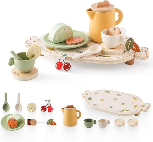 Tea Party Set for Kids - Wooden Tea Set for Little Girls 14PCS Silicone Toddler Tea Set Kitchen Accessories Pretend Play Toy Tea Set for Toddlers - Birthday Gift