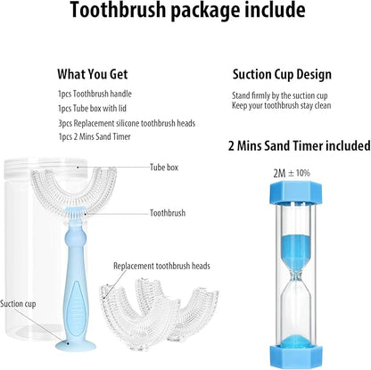 Kids U Shaped Toothbrush with 2 Minutes Sand Timer,Toddler Toothbrush for Childrens Whole Mouth Kid Toothbrushes (2-6 Year, Blue)