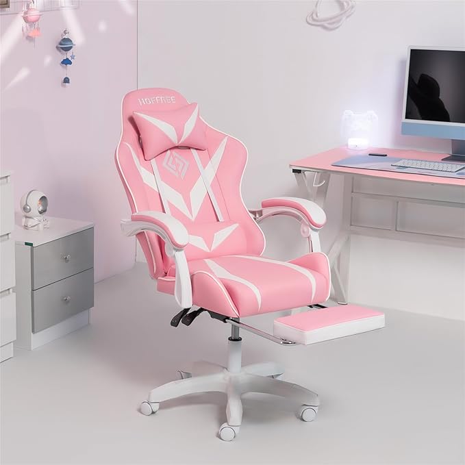 HOFFREE Pink Gaming Chair with Massage for Girls Cute Computer Gamer Chair with Footrest and Lumbar Support Reclining PC Game Chair with Headrest for Gaming Room