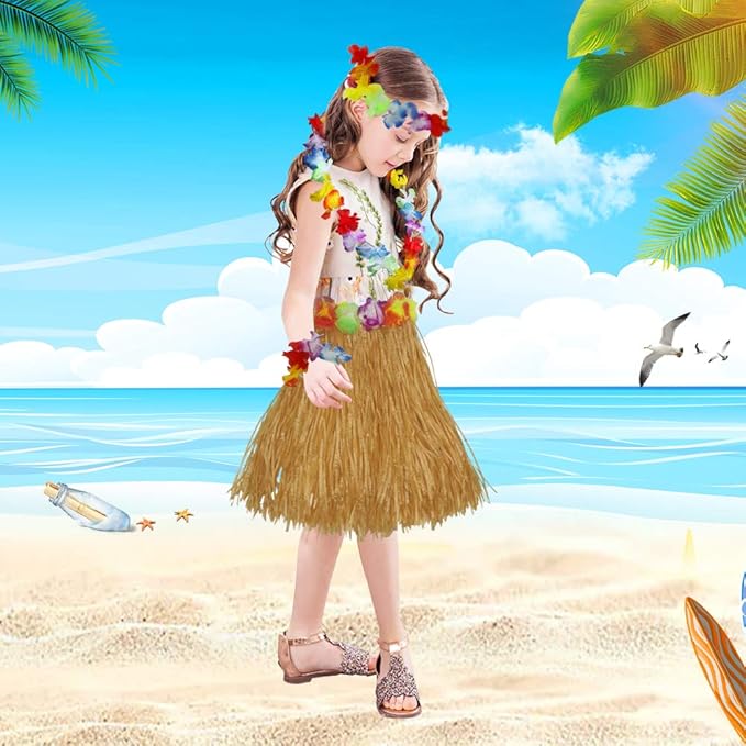 40cm Performance grass skirt with flowers bracelets headband necklace Hula set Gold