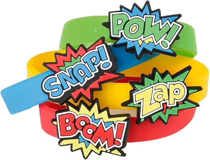 Superhero Stretchy Rubber Bracelets (48 Pack) (6") Colorful Wristbands with Comic Super Hero Action Sayings Snap! Pow! Boom! Zap. Great for Birthday, Party Favors (Superhero Bracelets, 48)