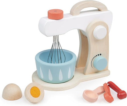 Mentari Toys - Cake Mixer - 7pc Wooden Baking Play Set - Pretend Play Kitchen Accessory with Bowl, Rotating Whisk, Egg and Measuring Spoons - Encourages Role Play and Fine Motor Skills - Age 3+