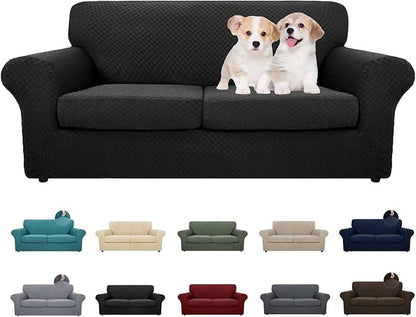 MAXIJIN 3 Piece Stretch Couch Covers for 2 Cushion Couch Sofa Slipcovers with 2 Extra Large Seat Cushion Couch Jacquard Loveseat Sofa Couch Cover for Dogs (2 Cushion Sofa, Black)