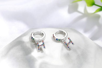 Presentski Initial Earrings 925 Sterling Silver Colorful Huggie Small Hoop Earrings Rainbow CZ Drop Dangle Simple Alphabet Earrings S925 Hypoallergenic Earring Letter A-Z for Daughter Women