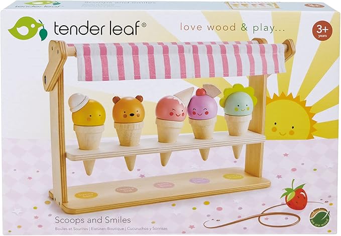 Tender Leaf Toys - Scoops and Smiles - Ice Cream Toy Shop with 5 Solid Wood Pretend Play Set for Kids, Play Food and Accessories, Encourage Role Play and Develops Social Skills - Age 3+