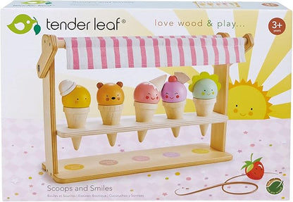 Tender Leaf Toys - Scoops and Smiles - Ice Cream Toy Shop with 5 Solid Wood Pretend Play Set for Kids, Play Food and Accessories, Encourage Role Play and Develops Social Skills - Age 3+