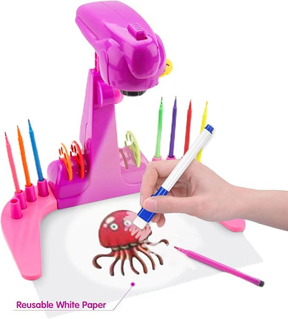 Kids Projection Drawing Toy,Smart Kids Projection Drawing Sketcher with 32 Cartoon Patters,Adjustable Art Sketcher Projector with 12-Color Watercolor Pens,8-Color Erasable Pens,Pink