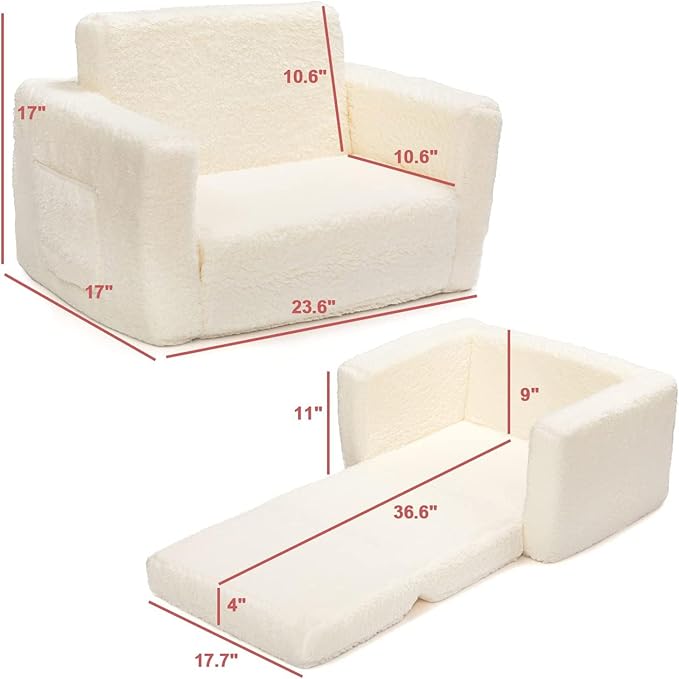 ALIMORDEN 2-in-1 Flip Out Cuddly Sherpa Kids Couch, Convertible Sofa to Lounger, Cream